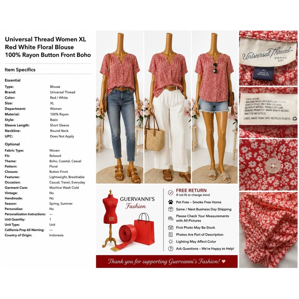 Universal Thread Women's Brown Red White Floral Button Front Blouse Size XL Boho